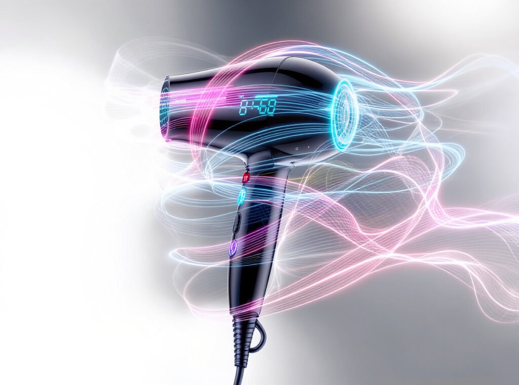 Professional hair dryer showing power and airflow technology for faster drying