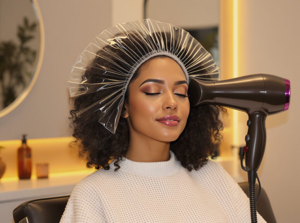 Professional woman using hair dryer hood attachment for deep conditioning treatment in modern salon