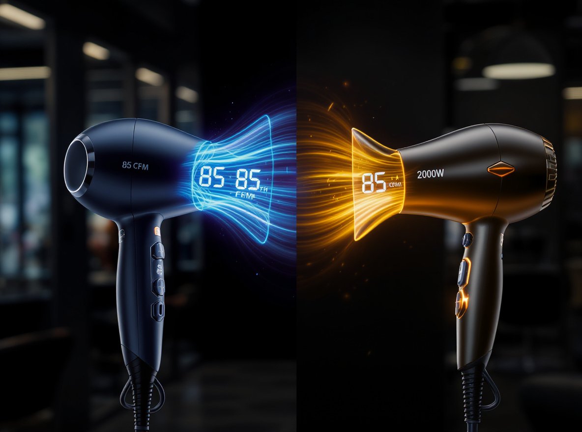 CFM vs wattage hair dryer comparison showing airflow streams