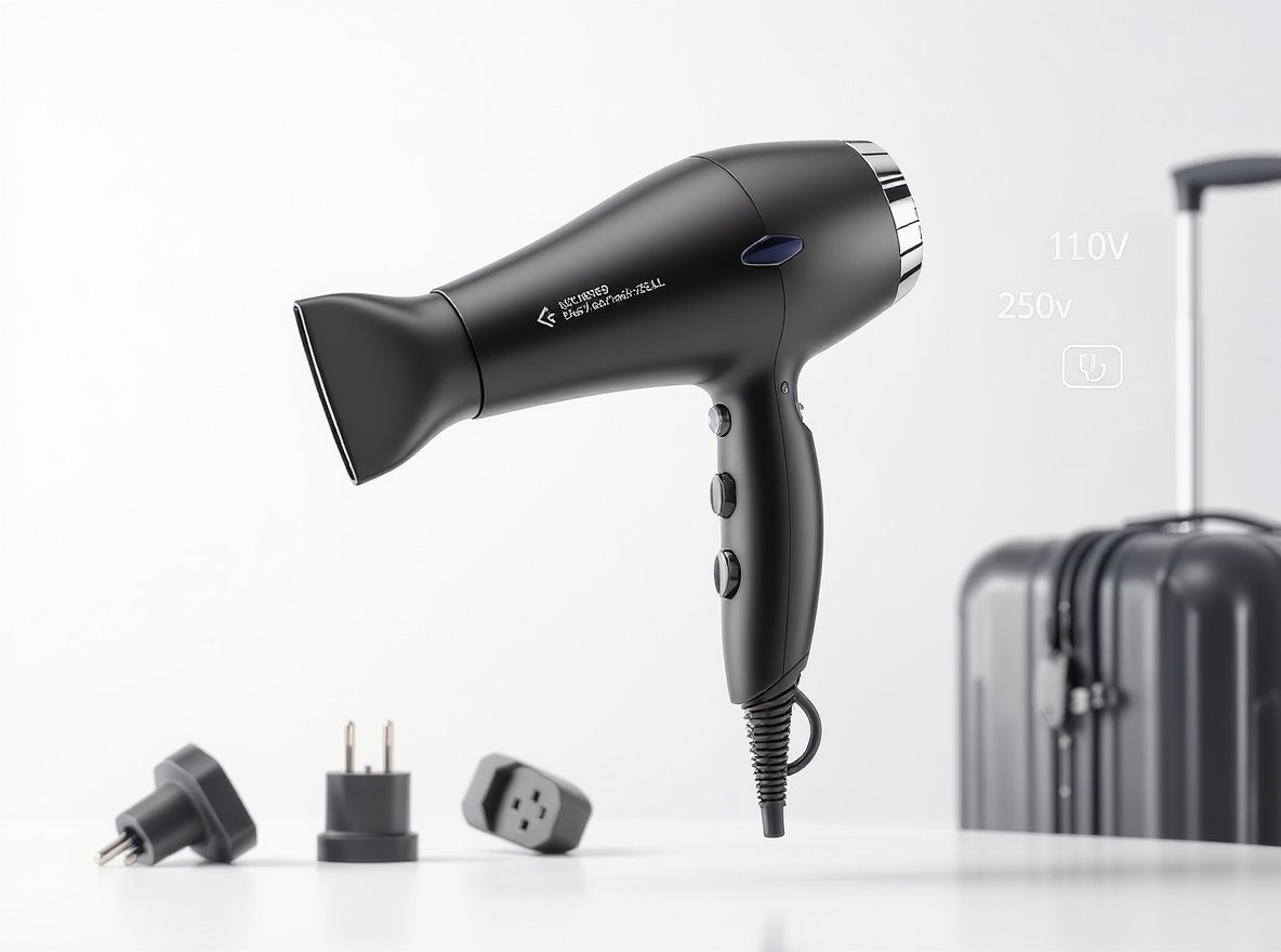 Professional travel hair dryer with dual voltage capability and compact foldable design