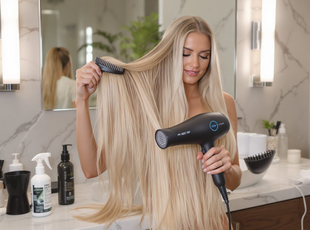 Professional hair dryer with temperature control for hair extensions care