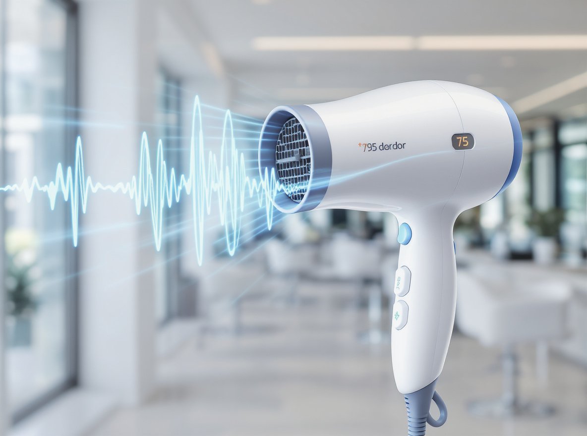 Modern hair dryer decibel level measurement with sound waves and decibel meter