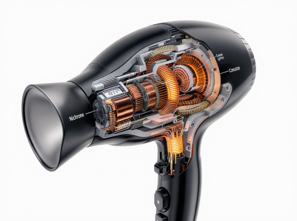 Cross-section view of hair dryer internal heat-resistant materials including nichrome wire heating element and mica insulation