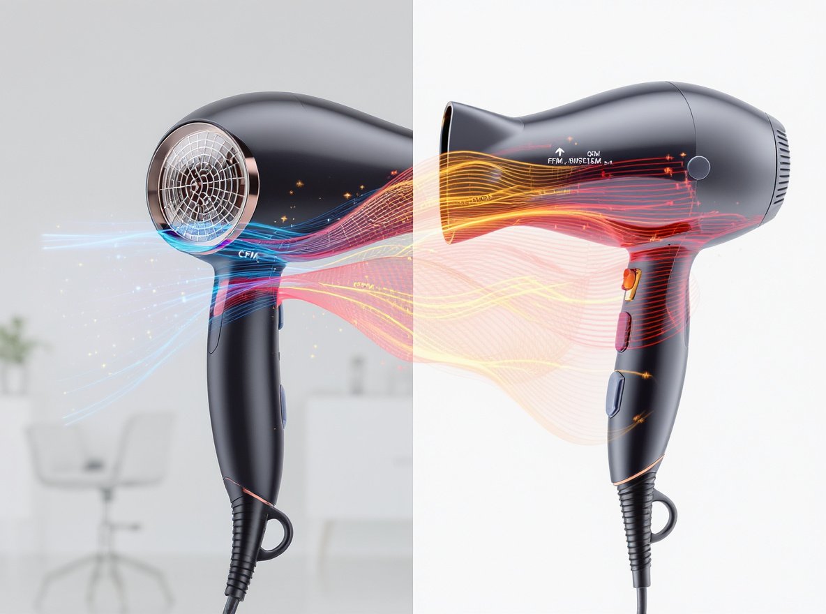 Professional hair dryer air speed vs CFM comparison diagram