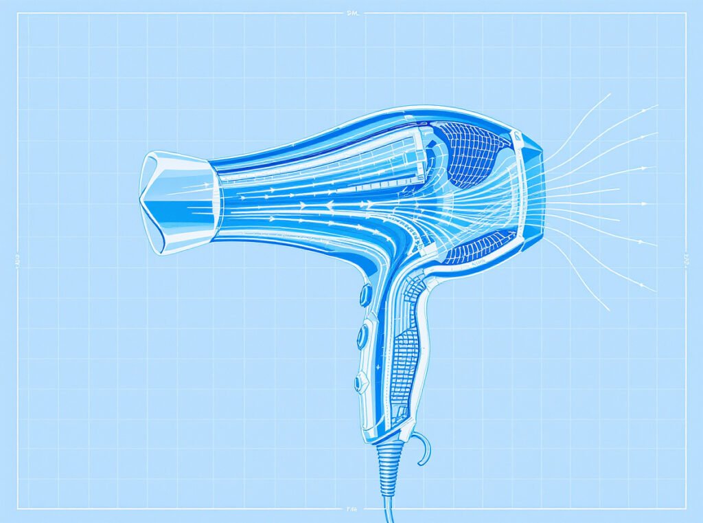Hair dryer body shape airflow dynamics cross-section diagram showing internal air movement patterns