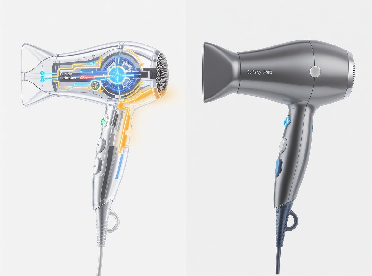 Plastic hair dryer double insulation safety diagram comparison with grounded metal hair dryer