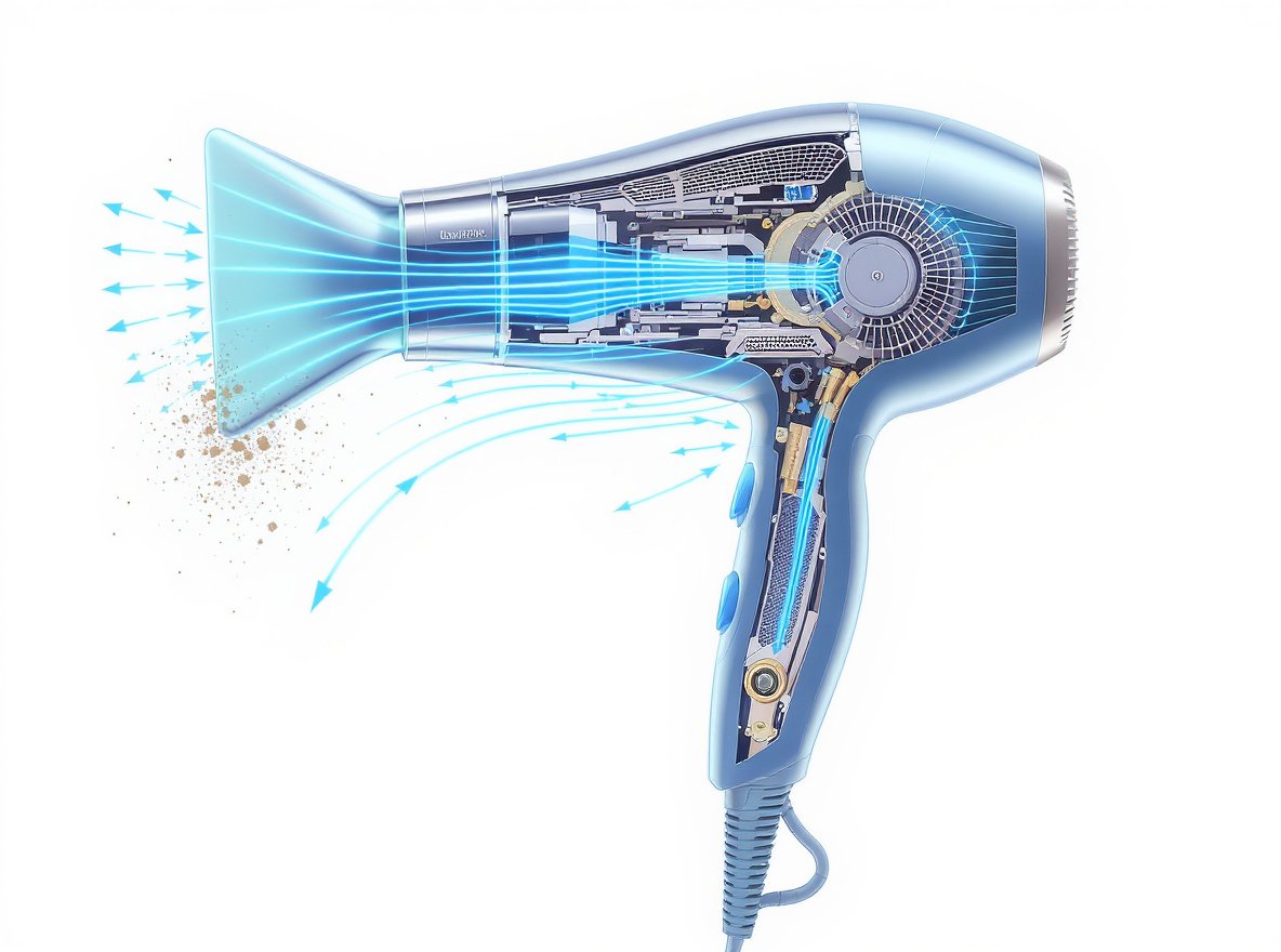 Self-cleaning hair dryer reverse airflow technology diagram showing debris removal process