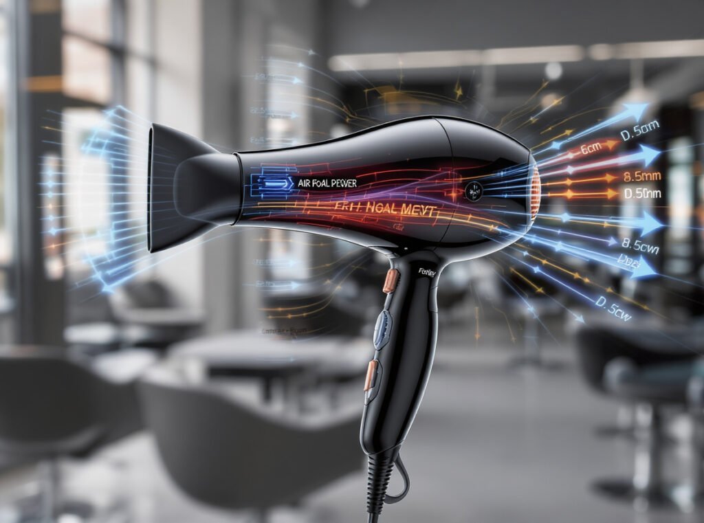 Hair dryer nozzle design showing concentrator and diffuser attachments with airflow velocity patterns