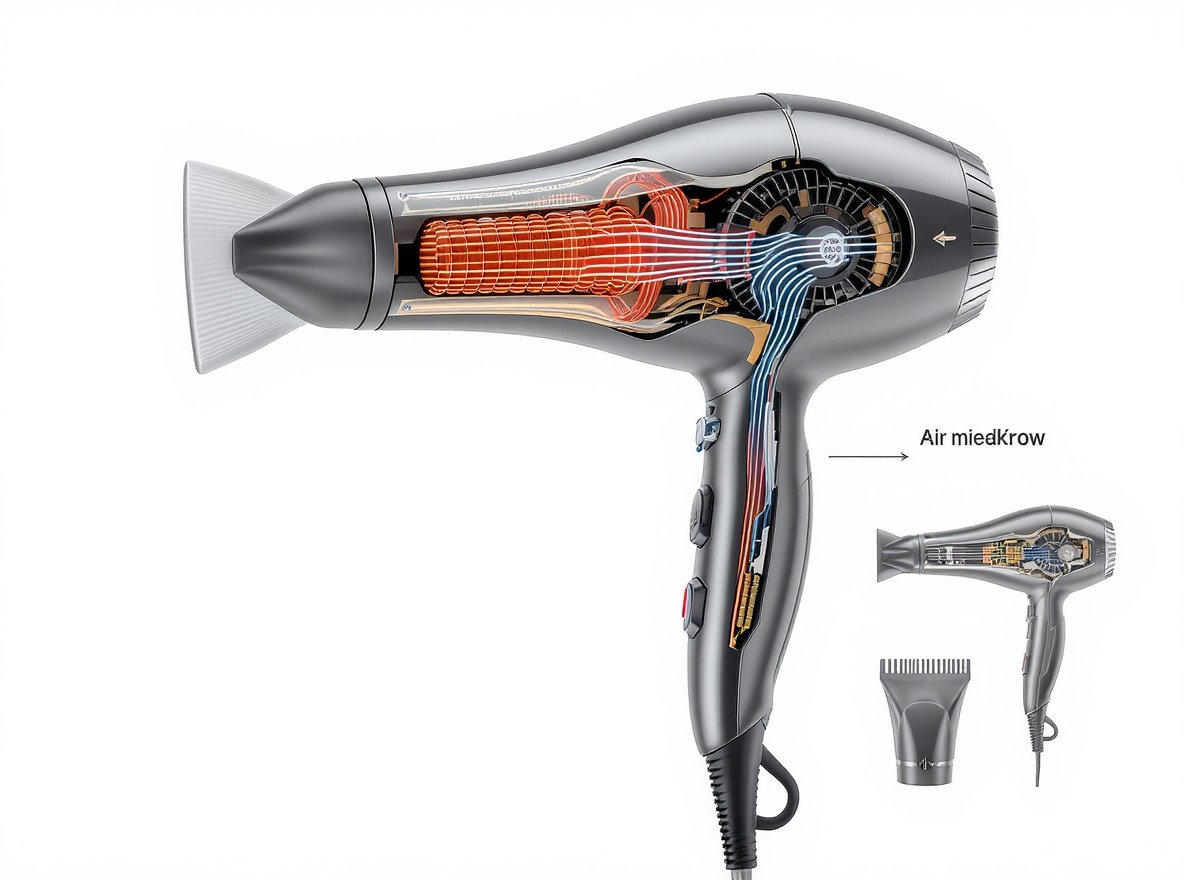 Hair dryer internal components showing heating element and airflow mechanism