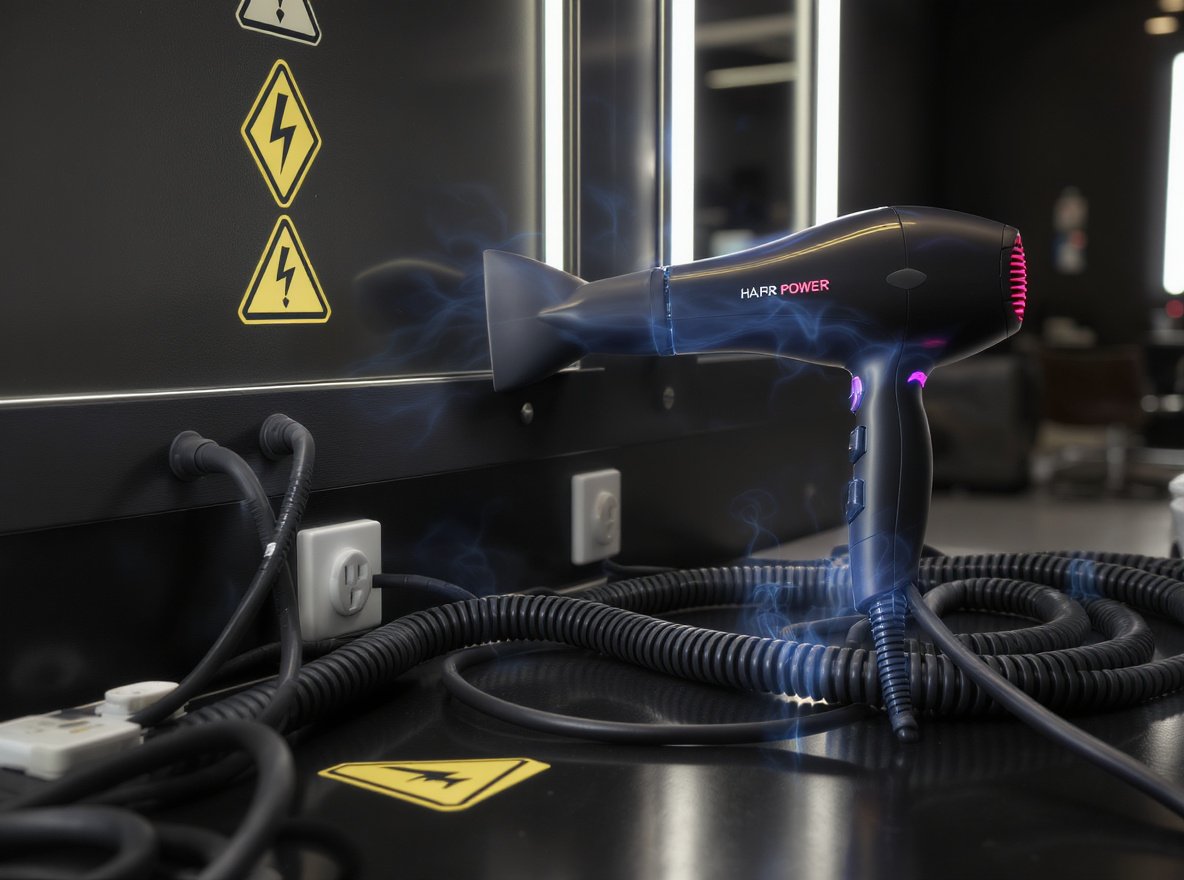 Professional hair dryer connected to heavy-duty extension cord showing proper electrical safety setup in salon environment