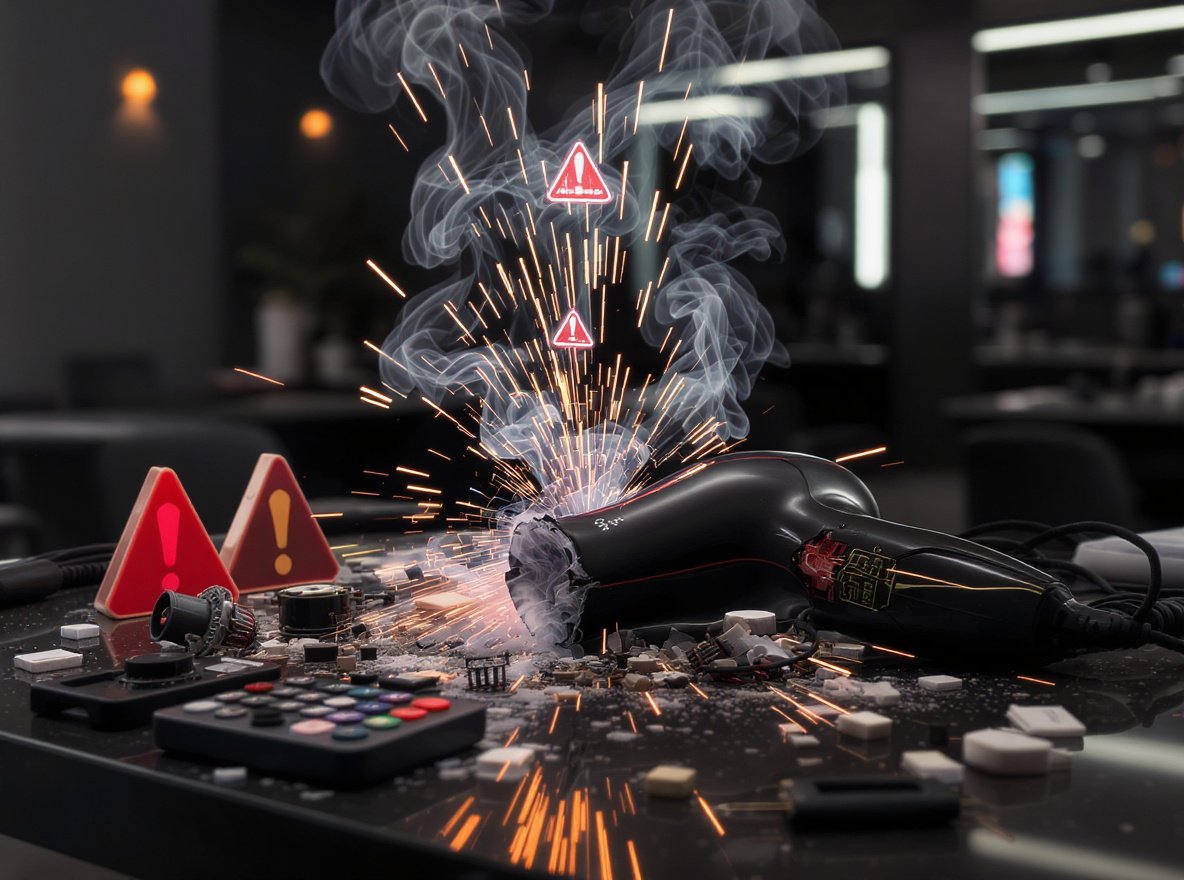 Hair dryer motor failure warning signs with sparks and diagnostic tools in professional salon