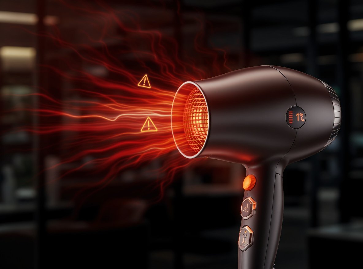 Hair dryer overheating safety guide showing hot casing with warning symbols and temperature indicators