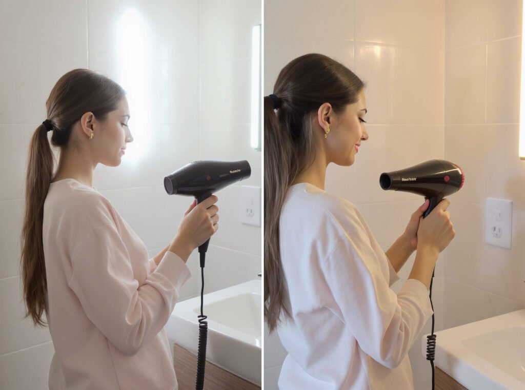 Woman using hair dryer causing bathroom lights to dim electrical issue