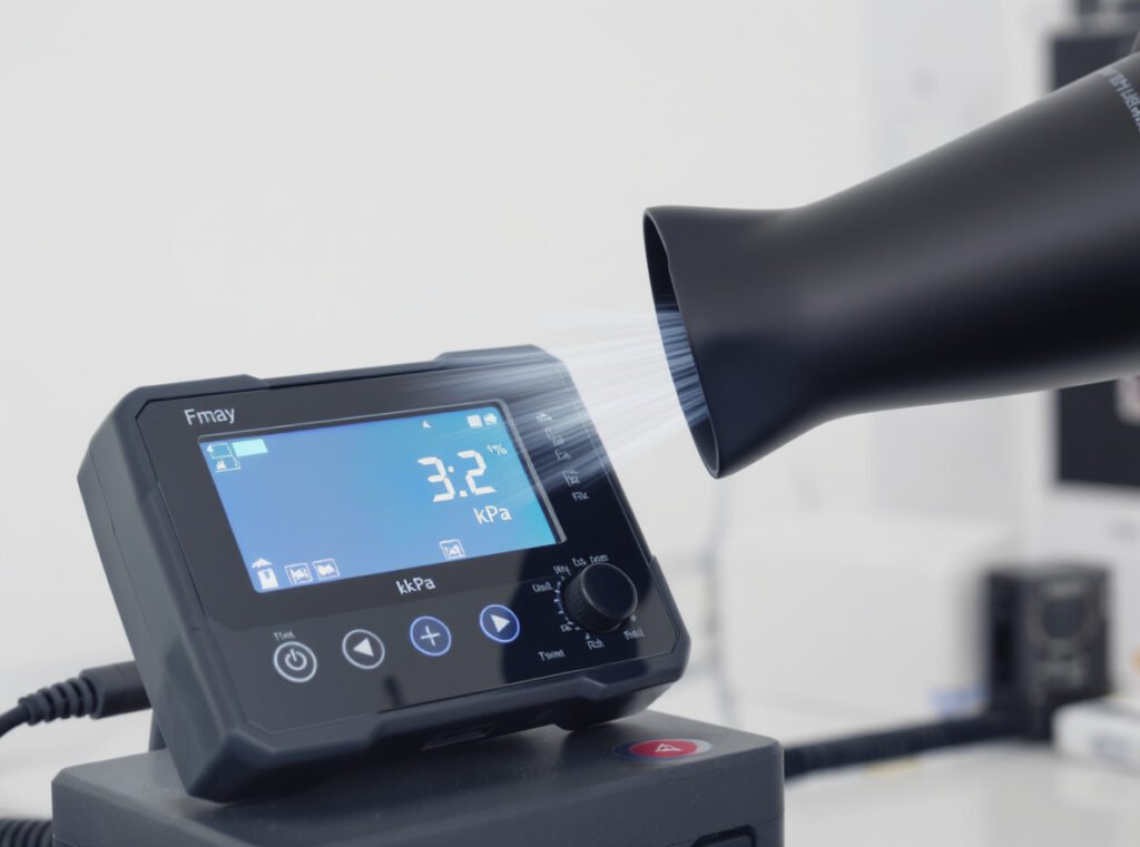 Hair dryer air pressure measurement using digital manometer showing 3.2 kPa reading