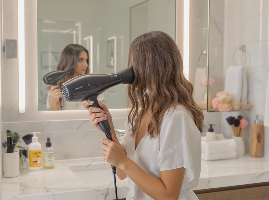 Professional woman using ionic hair dryer for 5-minute morning blow-dry routine