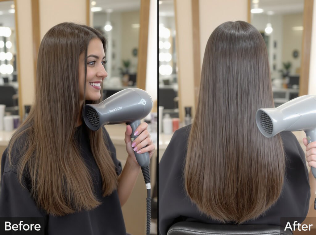Professional blow-drying technique after keratin treatment showing smooth hair results