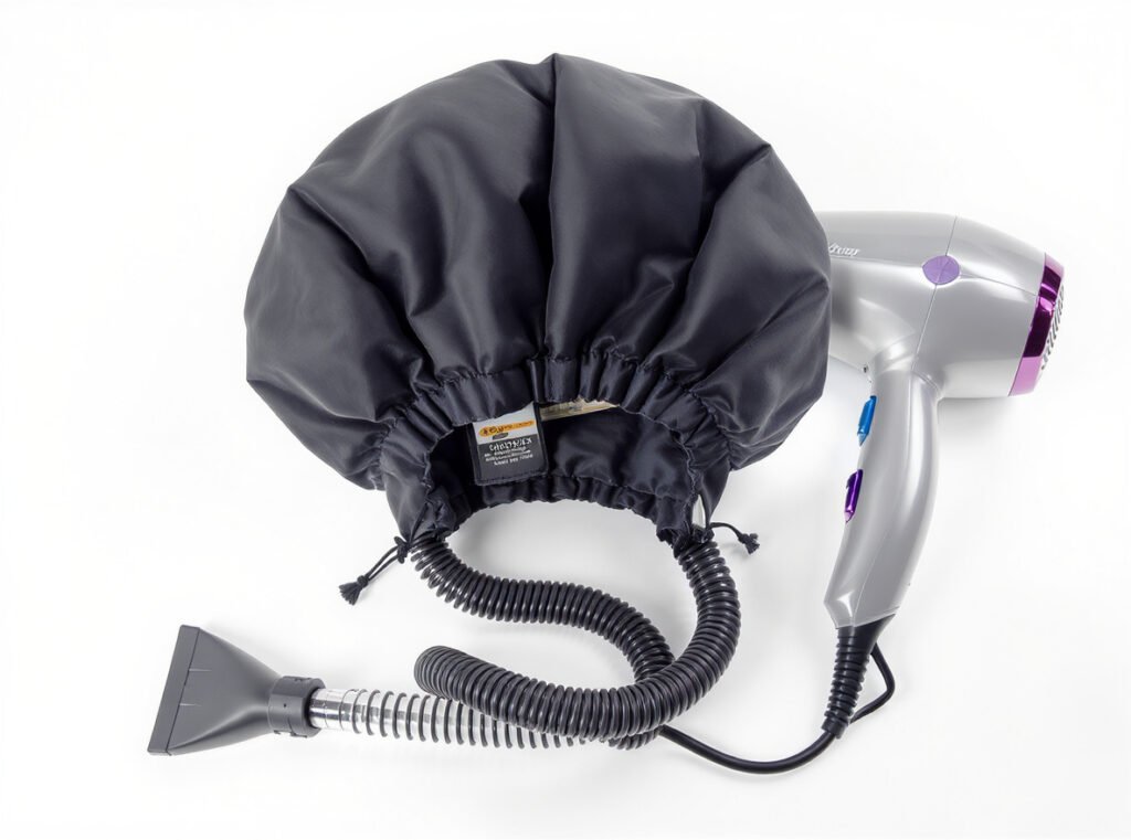 Hair dryer hood attachment components showing bonnet, hose, and connecting parts