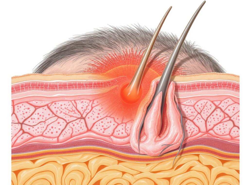 Scalp sensitivity causes during blow drying - skin barrier damage illustration