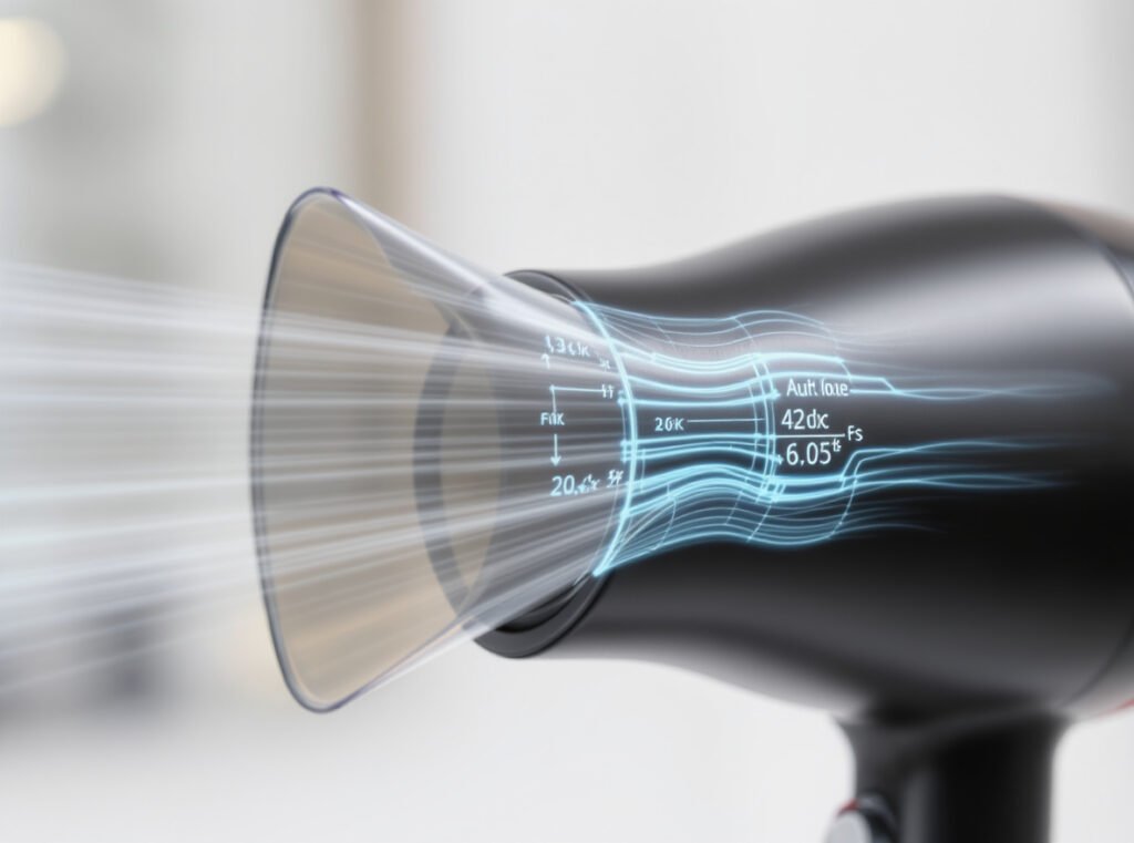 Hair dryer CFM airflow measurement visualization showing air volume