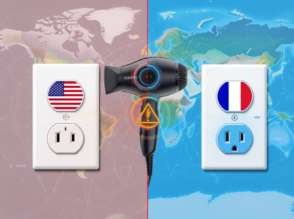 Dual voltage hair dryer showing 110V and 240V compatibility for international travel