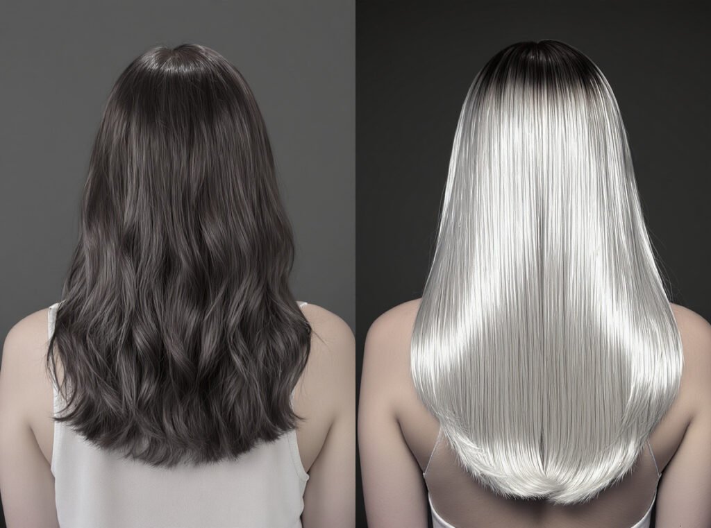 Glass hair trend 2025 before and after comparison showing mirror-like shine