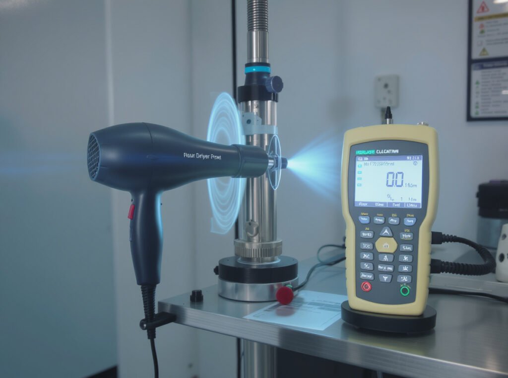 Professional hair dryer decibel testing setup with industry standard measurement equipment