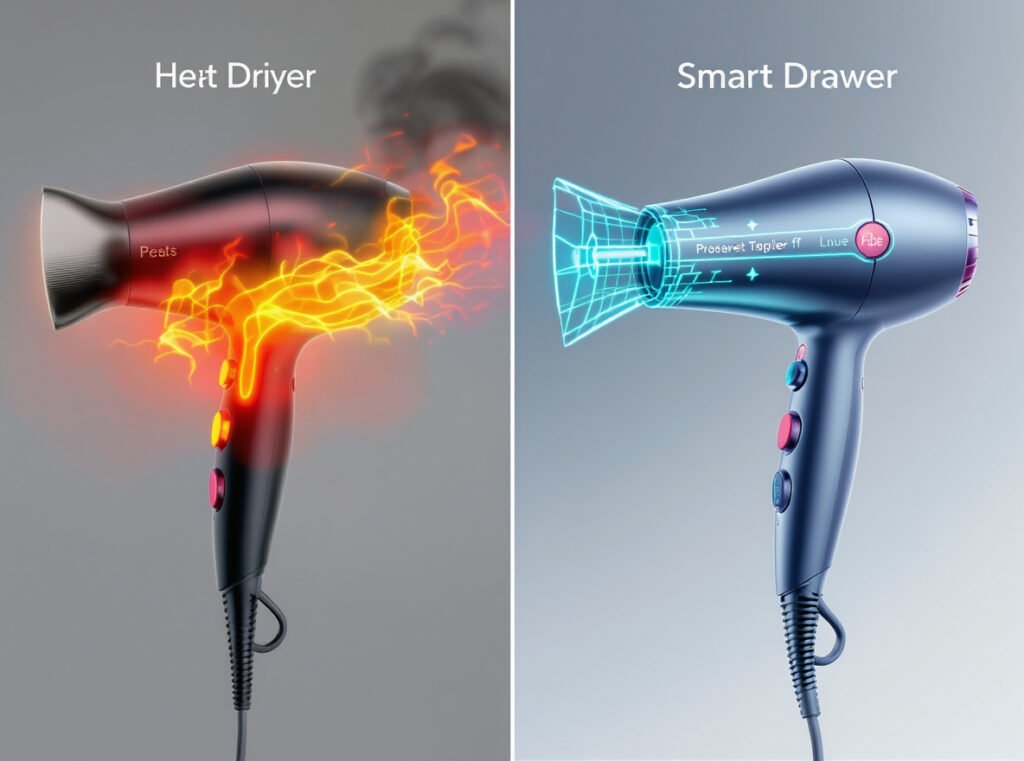 Comparison between traditional hair dryers and proximity sensor hair dryers showing damage prevention