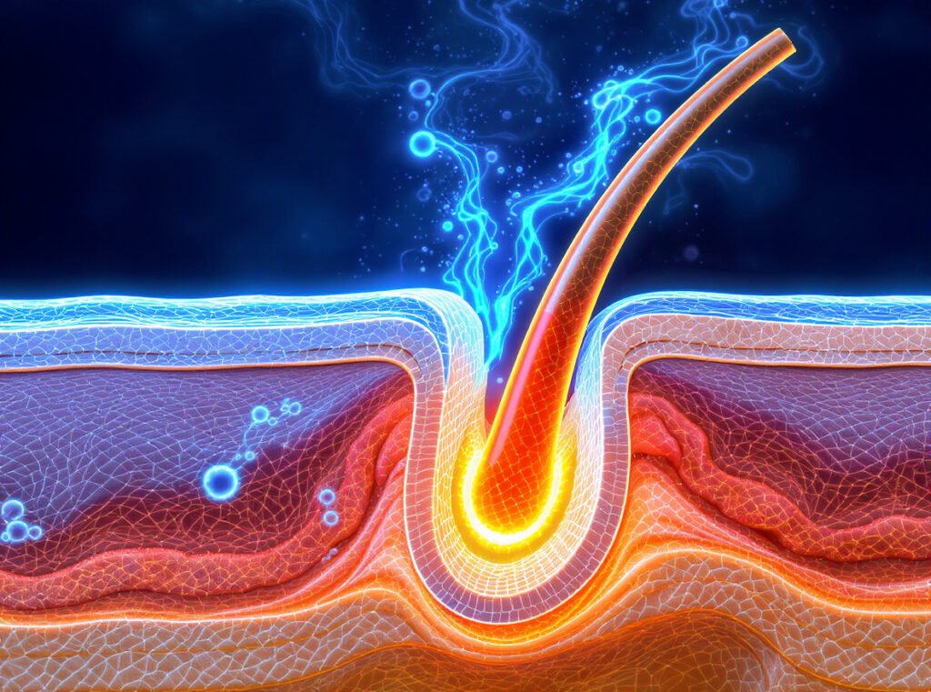 Cross-section diagram showing infrared waves penetrating hair shaft and heating water molecules