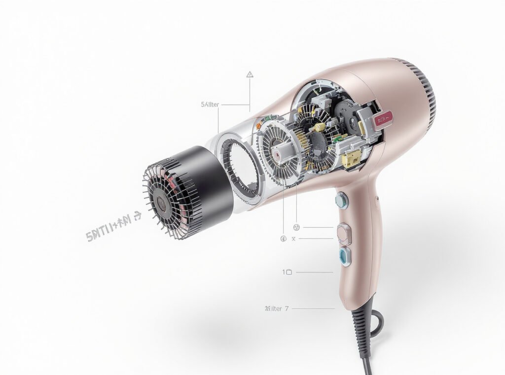 Hair dryer components breakdown showing motor housing and internal parts affecting weight