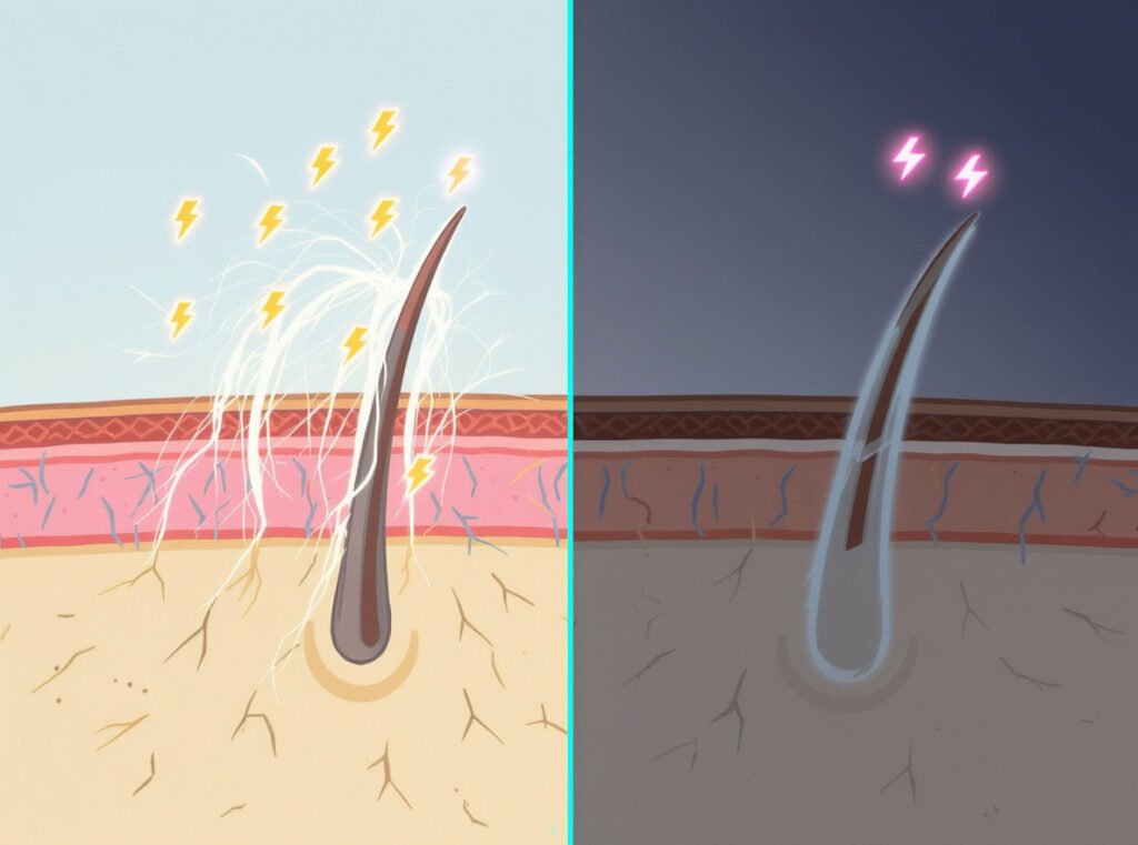Hair static electricity caused by positive charges making strands repel each other