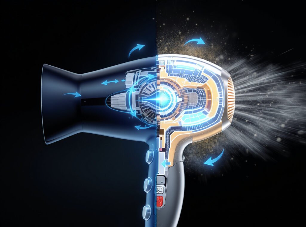 Hair dryer self-cleaning cycle process showing motor reversal and debris expulsion