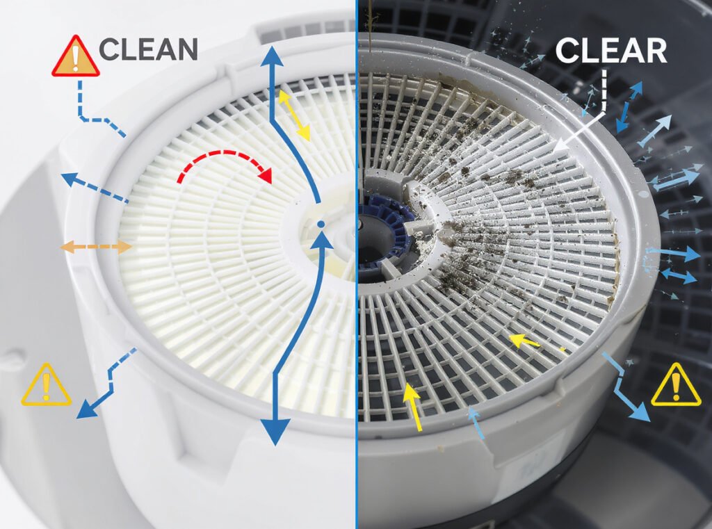 Comparison of clean and clogged hair dryer filters showing airflow blockage
