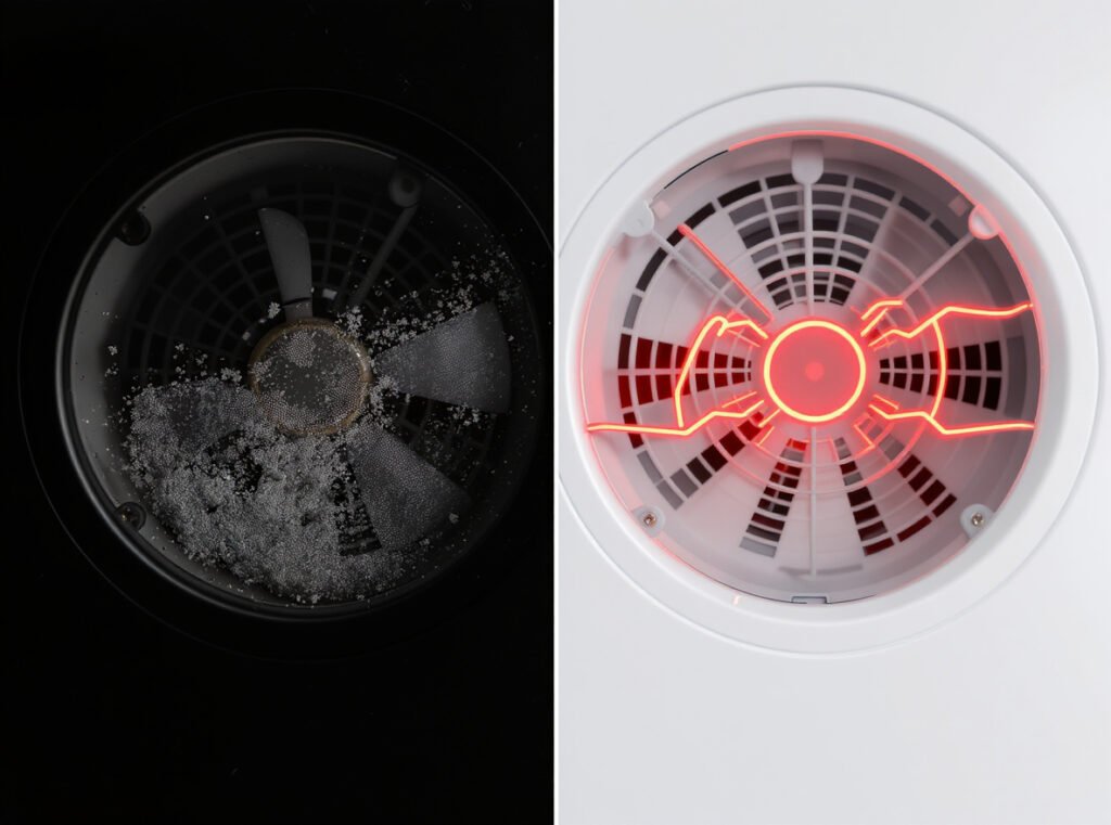 Hair dryer overheating causes showing blocked air vents, lint accumulation, and damaged internal components