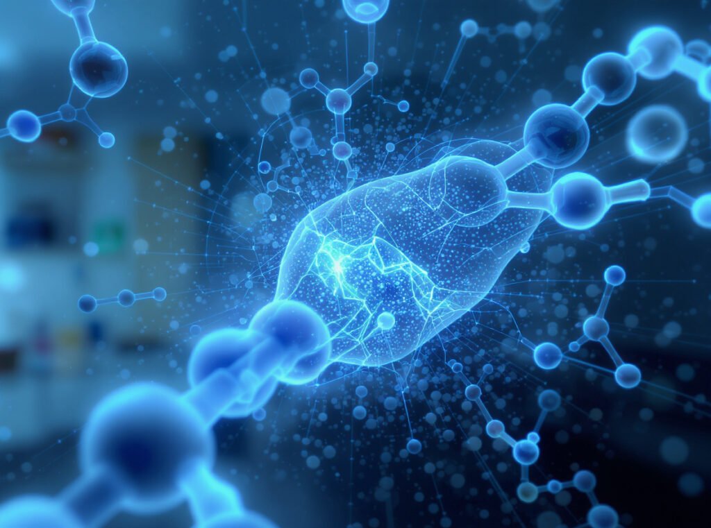 Scientific visualization of ionic technology showing negative ions breaking down water molecules