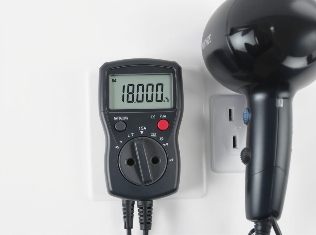 Digital electrical meter showing hair dryer power consumption 1800 watts