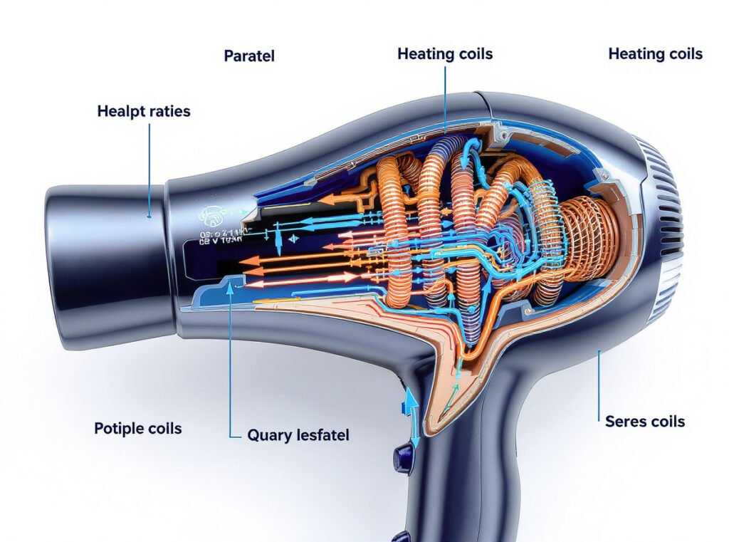 Hair dryer internal components dual voltage heating coils parallel series configuration