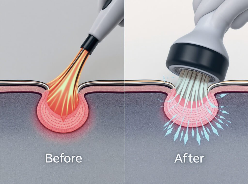 Scientific illustration showing how heat affects hair cuticles during roller setting process