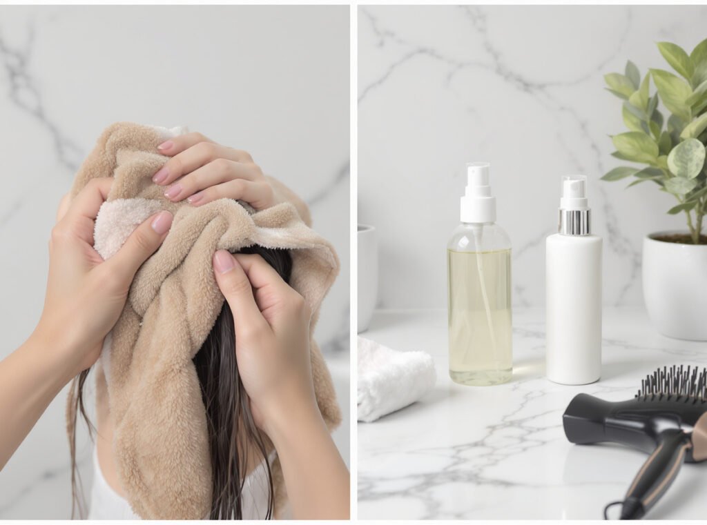 Hair preparation tools for fast blow-drying - microfiber towel and heat protectant spray