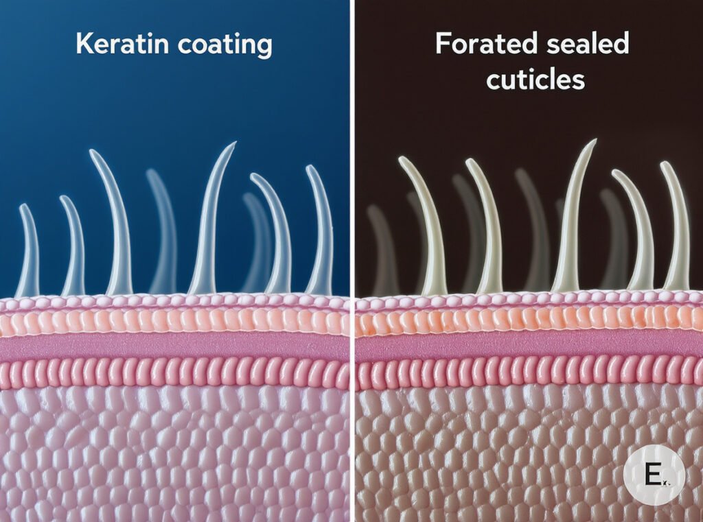 Hair cuticle structure showing keratin treatment bonding process