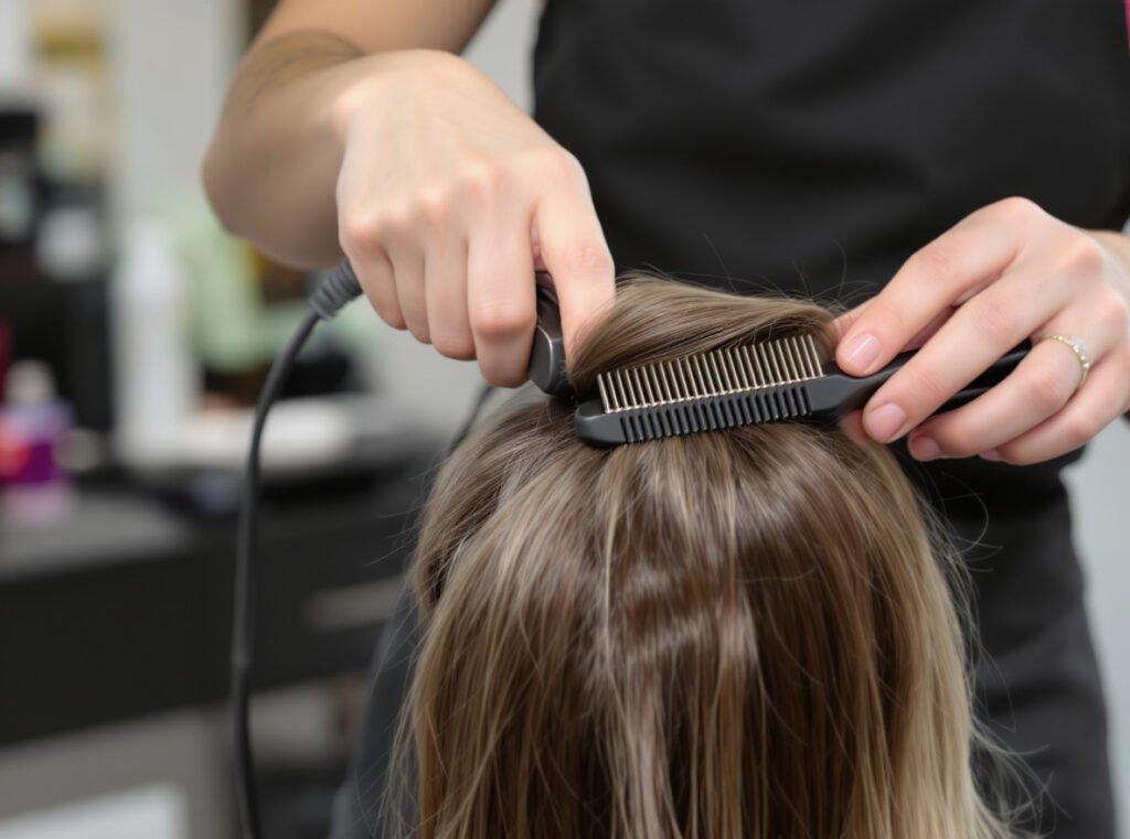 Professional stylist demonstrating advanced glass hair techniques with flat iron