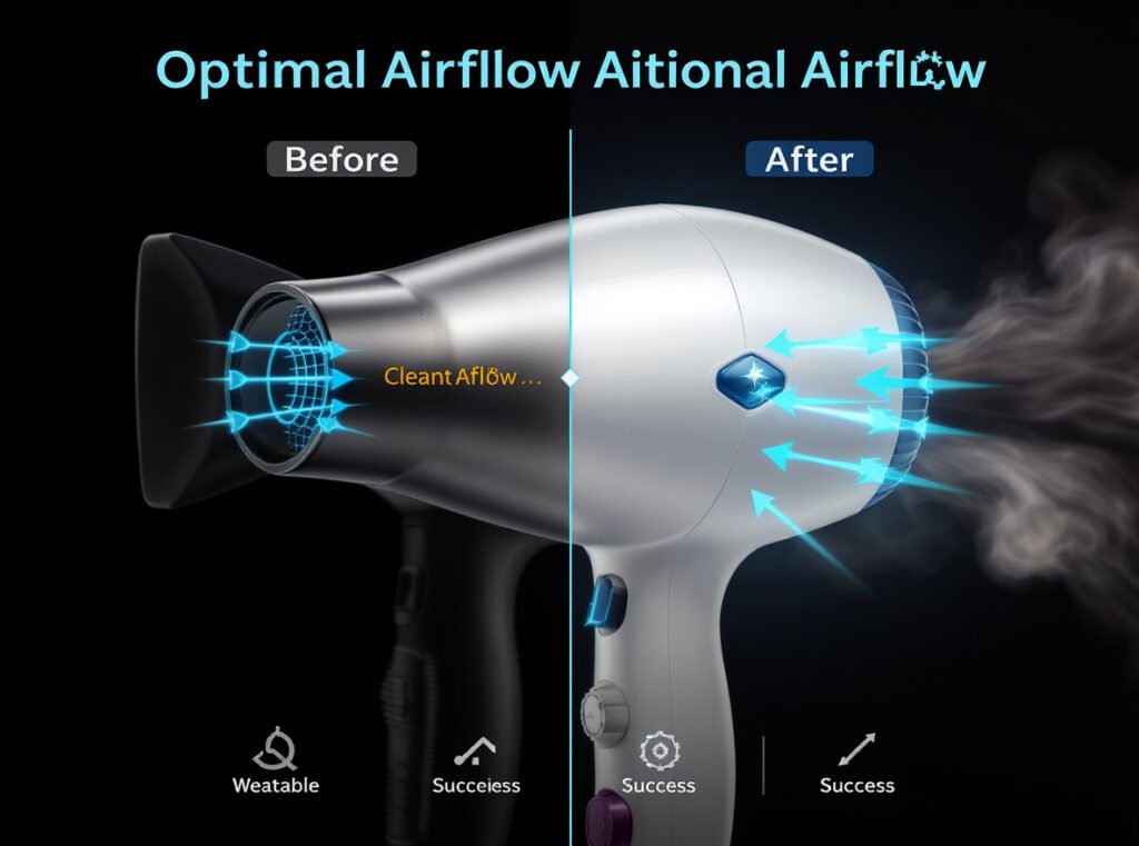 Properly maintained hair dryer showing optimal performance and airflow