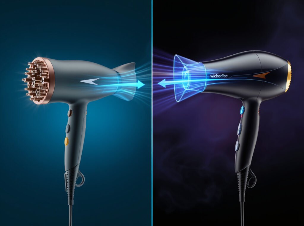 Comparison between high-wattage traditional and efficient modern hair dryers