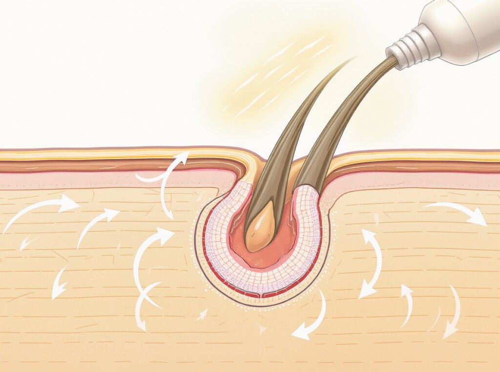 Scientific illustration showing how heat opens hair cuticles for deep conditioning penetration