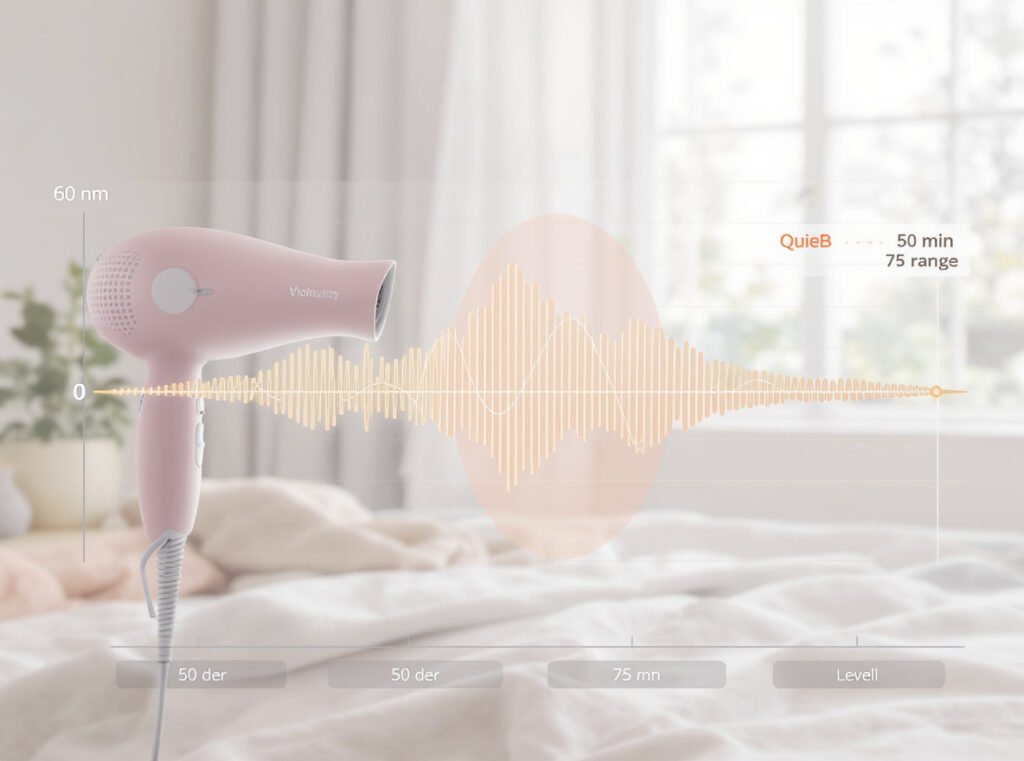 Quiet hair dryer decibel range comparison showing 50-75 dB levels for comfortable use