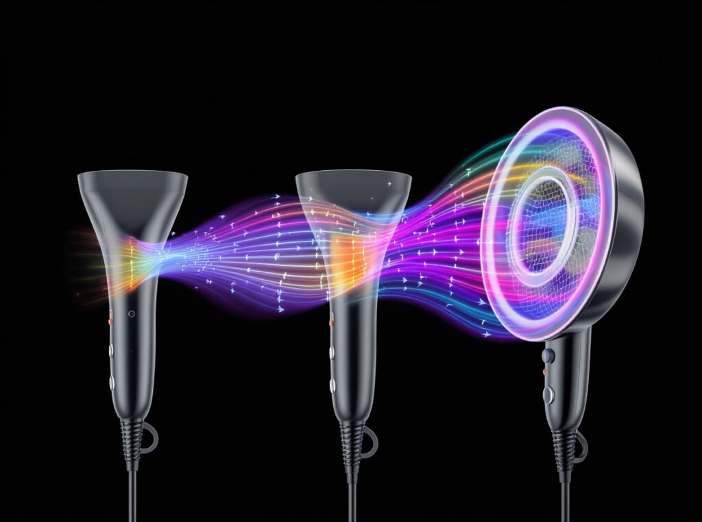 Hair dryer barrel configurations showing different air velocity and coverage patterns