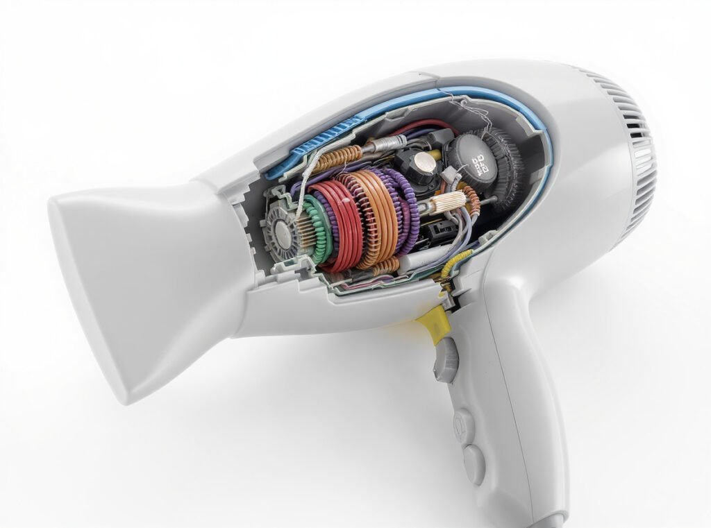 Plastic hair dryer double insulation layers cutaway view showing Class II safety design