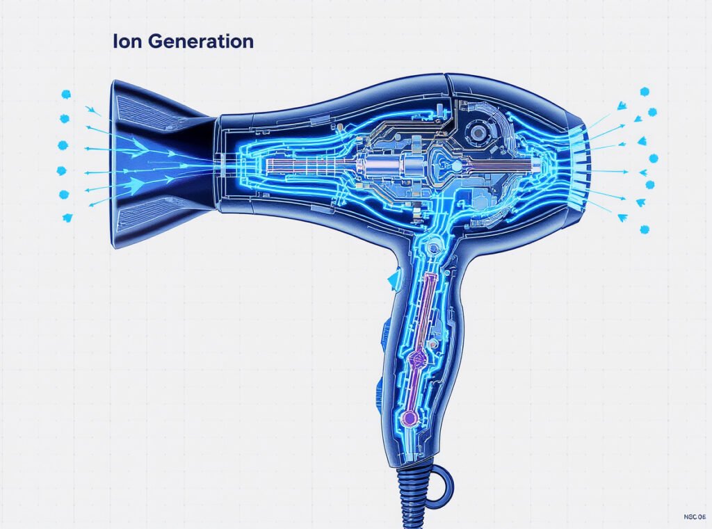 Hair dryer internal system generating negative ions through electromagnetic technology