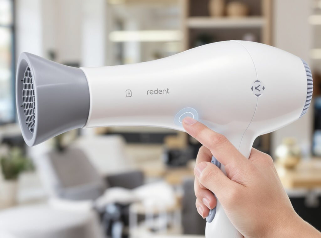 Professional demonstrating how to activate self-cleaning function on hair dryer