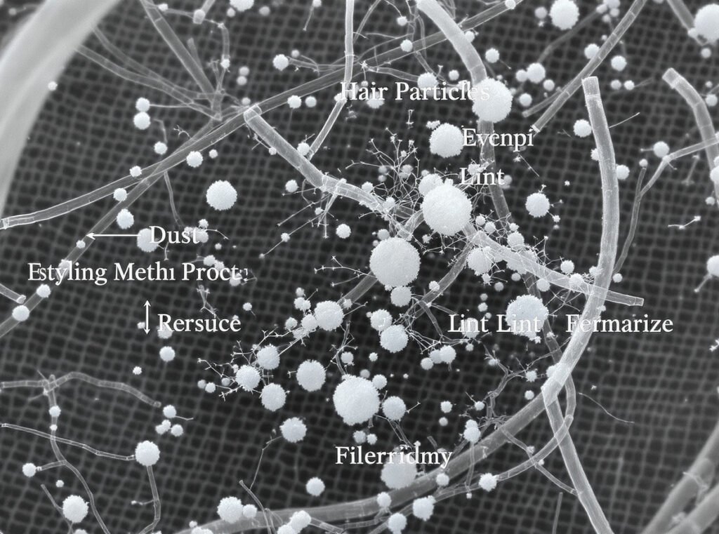Microscopic view of debris particles clogging hair dryer filter mesh