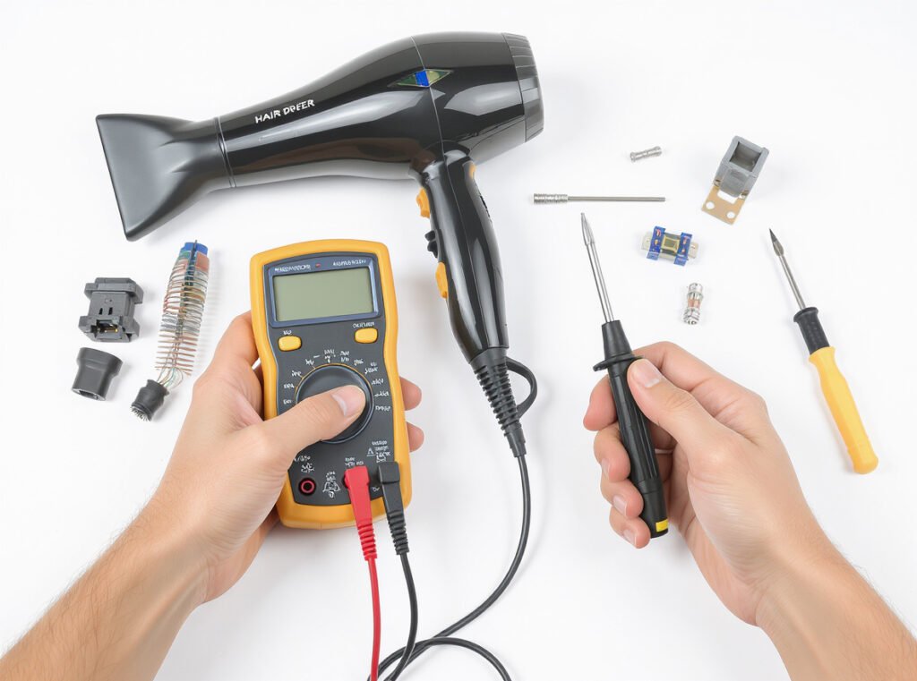Multimeter testing hair dryer components for repair diagnosis
